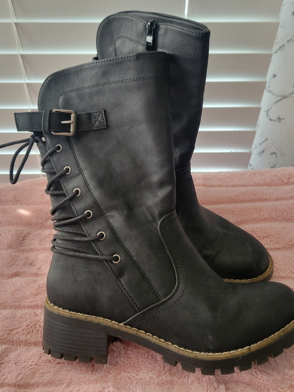 Global Win Women Sz 9 Black Lace-Up Mid-Calf Boots with Side Zipper Chunky Biker